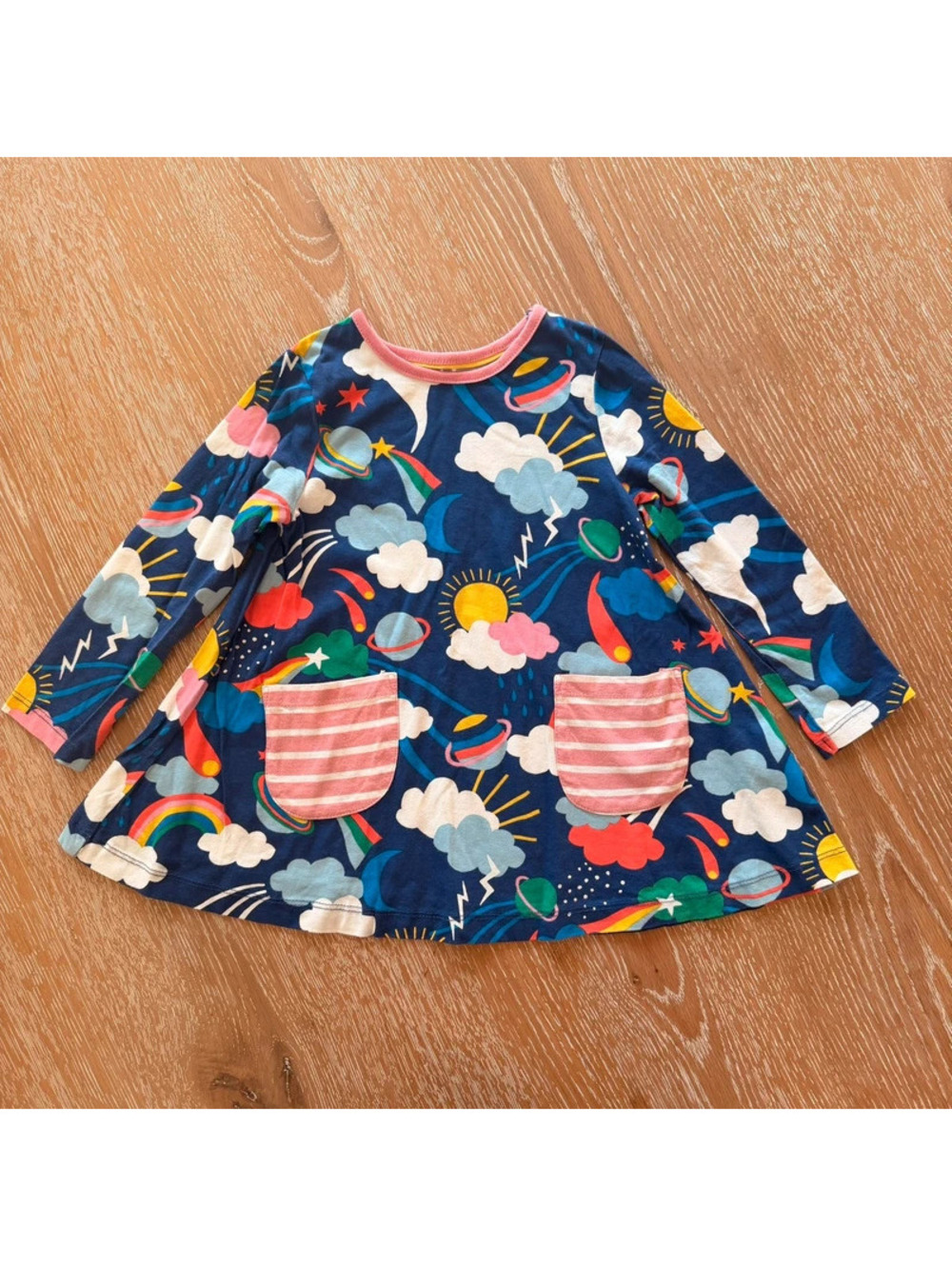 Mini Boden Rainbow Space Galaxy Tunic Top 3-4Y Clouds Planets Pockets